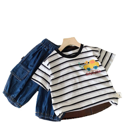 Children's T-shirt Bangcheng 2024 summer children's clothing colorful striped short T-shirt boy short-sleeved cartoon top G0267