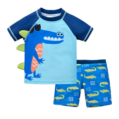 Children's swimsuit 1-8 years old big child split short-sleeved swimsuit boy swimming cap cartoon beach baby swimsuit swimming trunks 