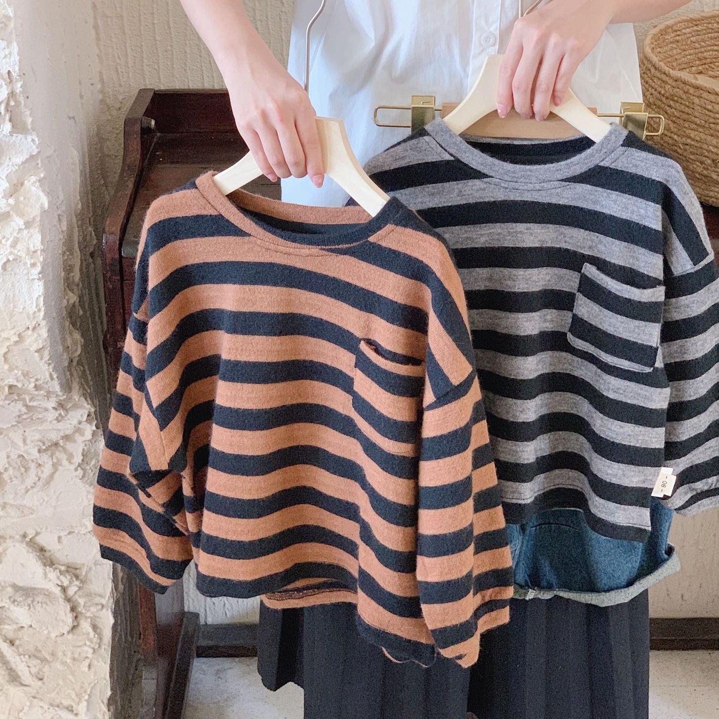 Children's T-shirt 2024 Bangcheng Spring Boys and Girls Korean Lazy Style Striped Sweater Baby Bottoming Shirt F0381