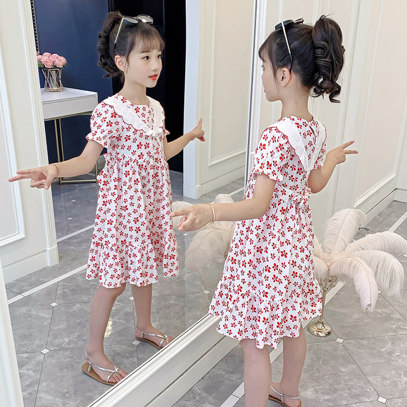 Summer children's pure cotton French palace puff sleeve dress short-sleeved floral princess middle and large children's stylish slim trend