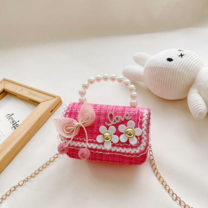 Fashion Princess Chanel Style Girls Crossbody Bag Pearl Children's Handbag Korean Style Bowknot Shoulder Bag