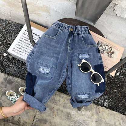 Children's clothing 2024 spring new children's pants children's casual pants baby autumn trousers boy's pants ripped jeans