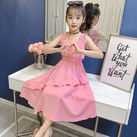 Girls chiffon dress summer 2024 new children's suspender skirt princess skirt Korean version of the middle and large children's solid color long skirt