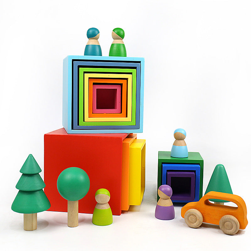 Children's wooden large rainbow building blocks stacking puzzle creative stacking high ornaments baby early education fun toys