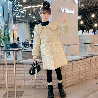 Girls 2024 new cotton coat plaid quilted cotton light cotton coat with extended waist belt Korean campus style cotton coat trendy