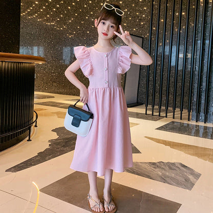 Children's 2024 new summer cotton pastoral style dress plaid fragrance style flying sleeves flying edge net celebrity princess long skirt