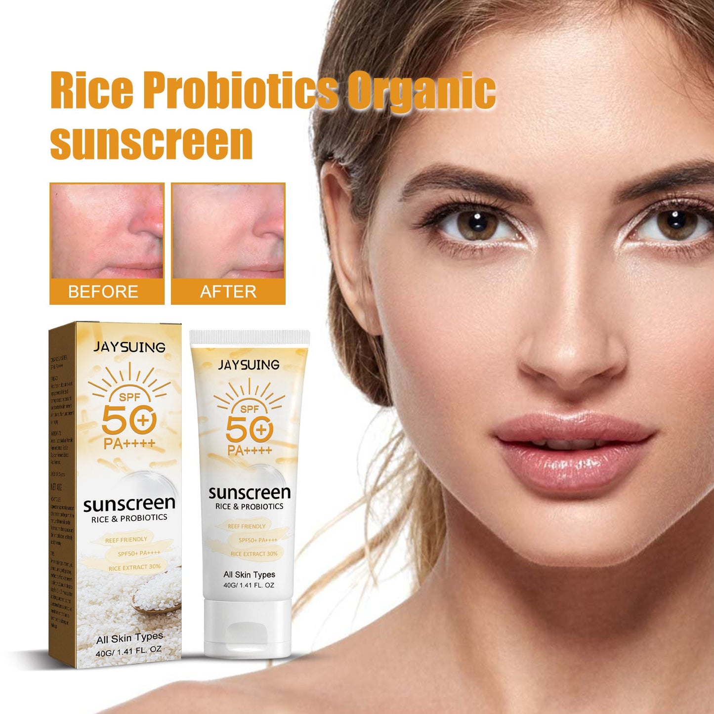 Jaysuing Probiotic Rice Organic Protective Cream សម្រាប់មុខ និងដងខ្លួន ការពារកាំរស្មីយូវី ខាងក្រៅ មិនកក 