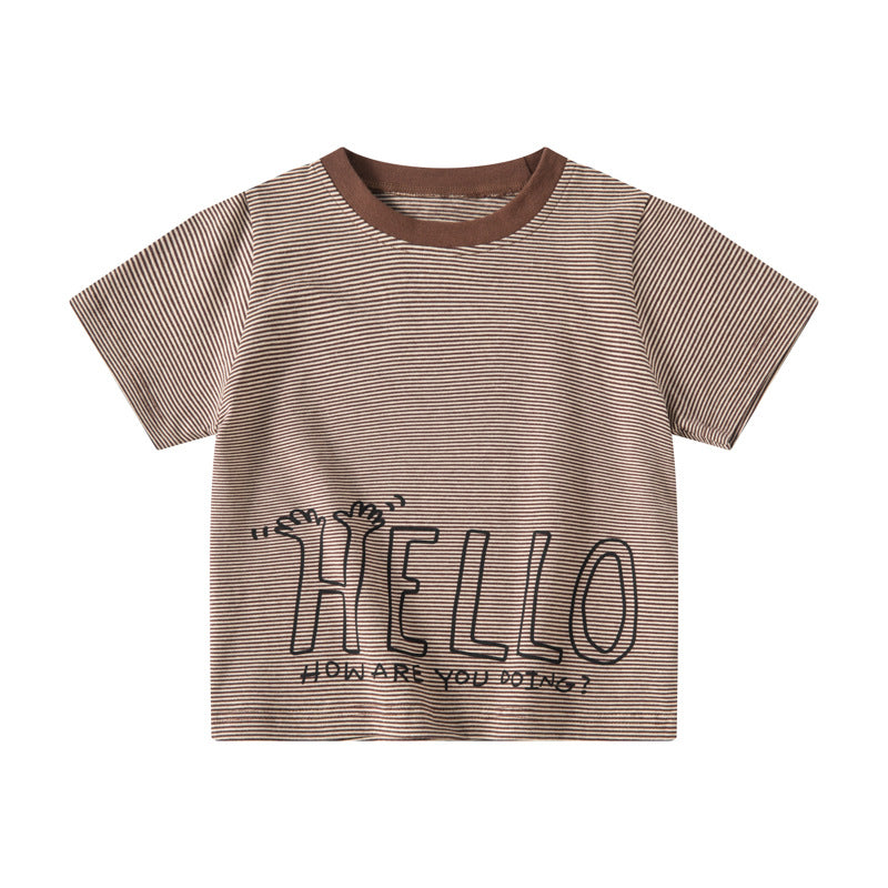 be top Korean version children's clothing letter stripes children's short-sleeved T-shirt pull-up loose style summer baby round neck half sleeve