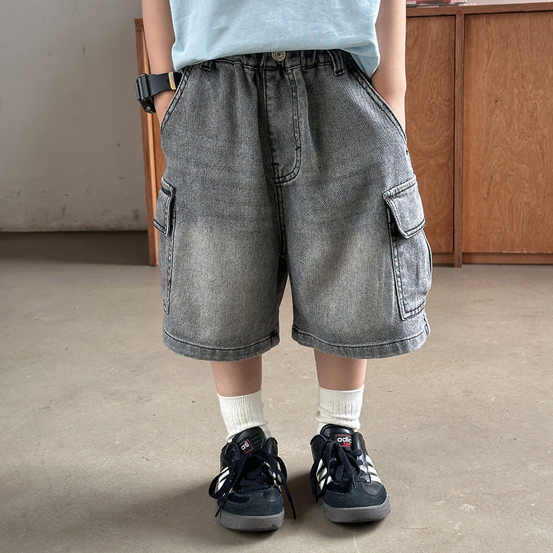 Elmo Beibei Boys Retro Sand Washed Cotton Fifth Pants 2024 Summer Baby Pocket Micro-Elastic Denim Work Shorts Trendy