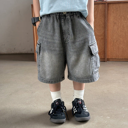 Elmo Beibei Boys Retro Sand Washed Cotton Fifth Pants 2024 Summer Baby Pocket Micro-Elastic Denim Work Shorts Trendy