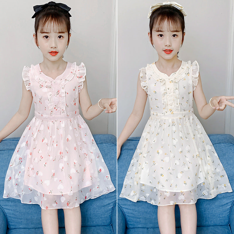 Girls chiffon dress summer 2024 new children's chiffon floral dress fashionable ear-edge flying sleeves princess dress