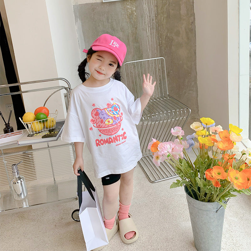 2023 summer new children's clothing girls cartoon bear short-sleeved T-shirt Korean version children's small and medium children's fashionable tops trend