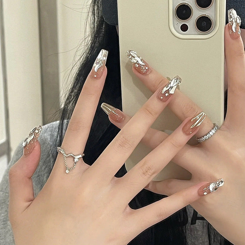 Nail art wearable finished product wholesale medium and long crystal cat's eye aurora broken diamond glass butterfly nail stickers nail piece