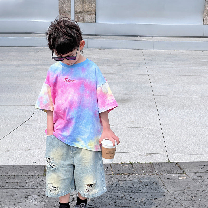 Boys short-sleeved T-shirt 2024 summer new children's half-sleeved middle and large children's street-blasting loose summer tops trendy t wholesale