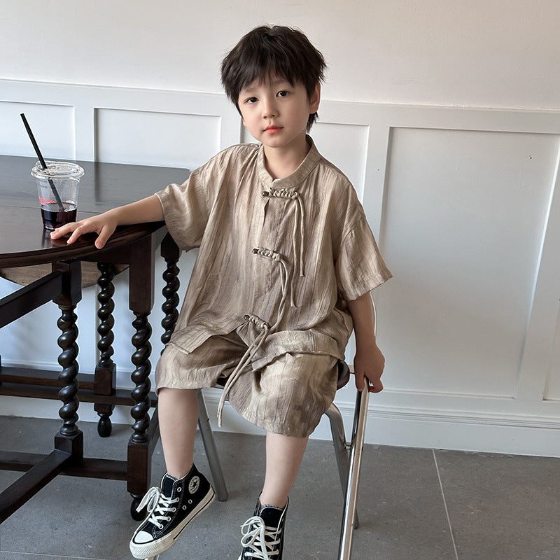 Amo Baby Children's Clothing 2024 Summer Boys' Western Style New Chinese Style Button Suit Baby Casual Blurred Two-piece Suit