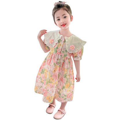 Girls summer cotton skirt pure cotton skirt small and medium children doll collar floral French forest series kindergarten oil painting style