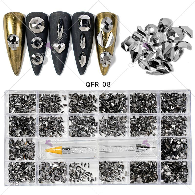 Nail art diamond jewelry 21-grid flat-bottomed special-shaped diamonds of different sizes mixed nail art diamonds special-shaped glass diamonds DIY accessories set