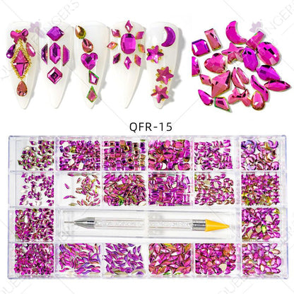 Nail art diamond jewelry 21-grid flat-bottomed special-shaped diamonds of different sizes mixed nail art diamonds special-shaped glass diamonds DIY accessories set