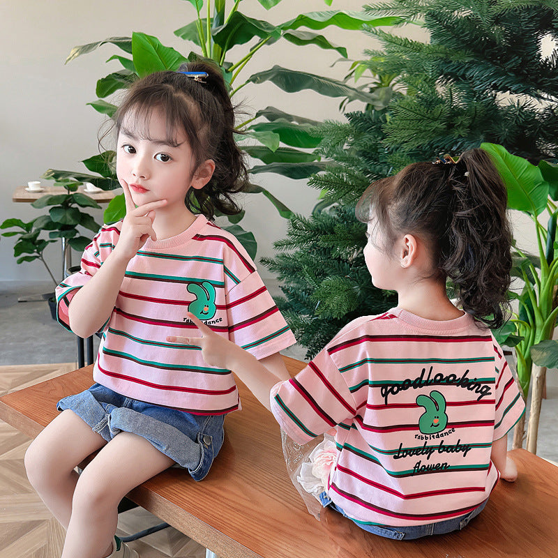 Children's summer short-sleeved tops cotton T-shirt striped shirt elastic loose small children kindergarten primary school fat sweat tide