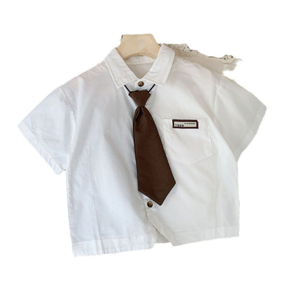 Children's suit Bangcheng 2024 summer small and medium-sized children's college style boy's shirt + casual shorts with tie F0214