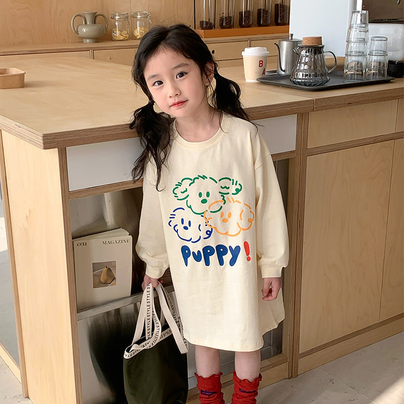 Korean children's clothing 2024 spring new style girls' cute puppy print T-shirt children's mid-length long-sleeved tops