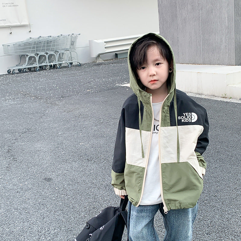 [Clearance Sale] Boys 2023 Autumn Colorblock Letter Hooded Drawstring Jacket Baby Korean Style Handsome Jacket