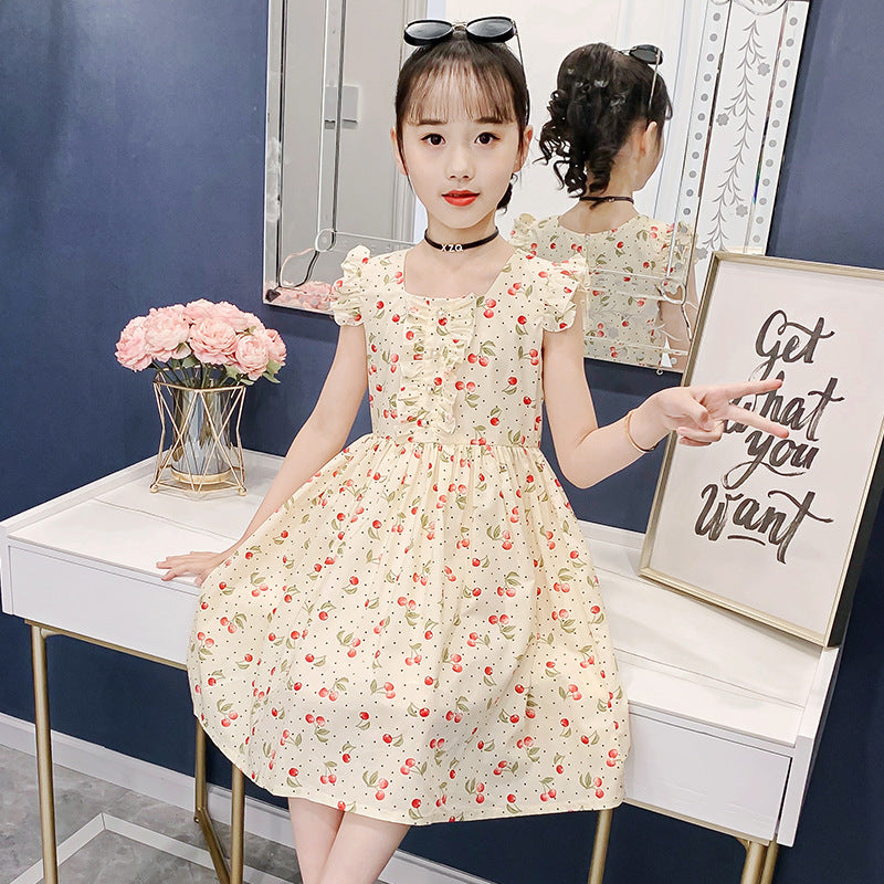 Girls dress summer 2024 new children's clothing children's short-sleeved cotton floral dress girl's stylish princess dress trend