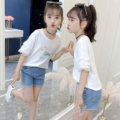 Girls short-sleeved T-shirt 2024 new summer style children's stitching lace top girl cartoon half-sleeved T-shirt