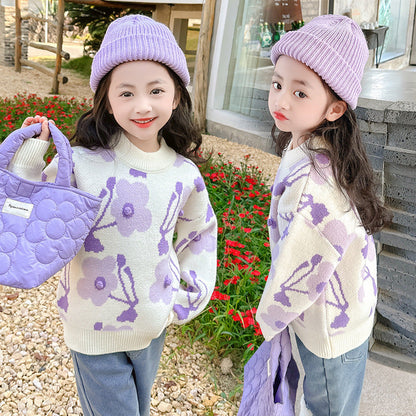 2024 Girls Winter Thick Sweater Korean Style Flower Elastic Warm Sweater Base Sweater Outerwear Sweater Middle Children