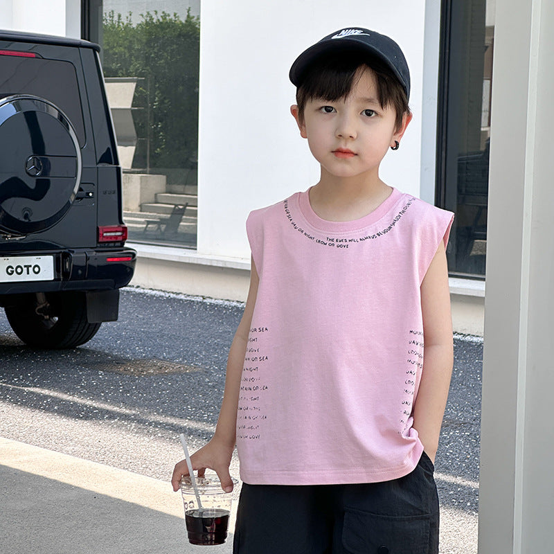 Elmo Beibei Boys 2024 Summer Korean Version Handsome Letters Comfortable Vest Baby Double Yarn Cotton Loose Sleeveless Top