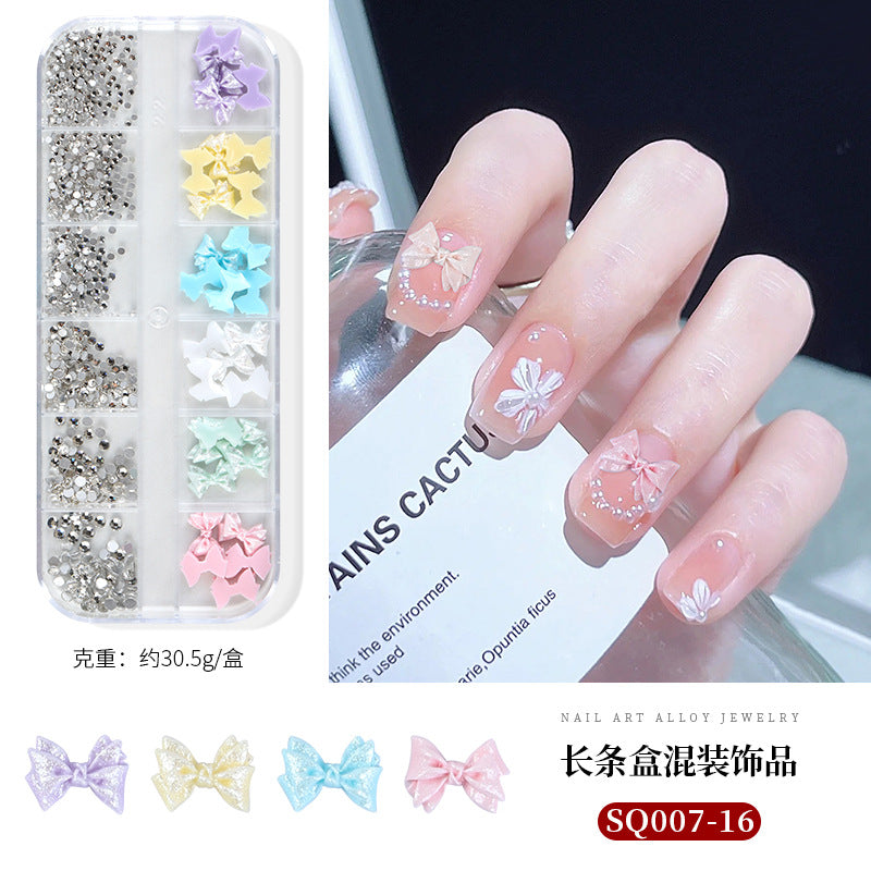 Nail art accessories aurora bow pearl rivet small accessories super flash small diamond 12 grid mixed nail decoration wholesale