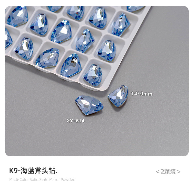 Nail art diamond jewelry wholesale K9 white moonlight blue high quality shiny multi-faceted pointed bottom love fat square axe diamond