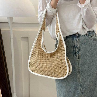 Retro woven tote bag 2024 early autumn new style trend simple texture hand-held shoulder bag beach bag female bag 