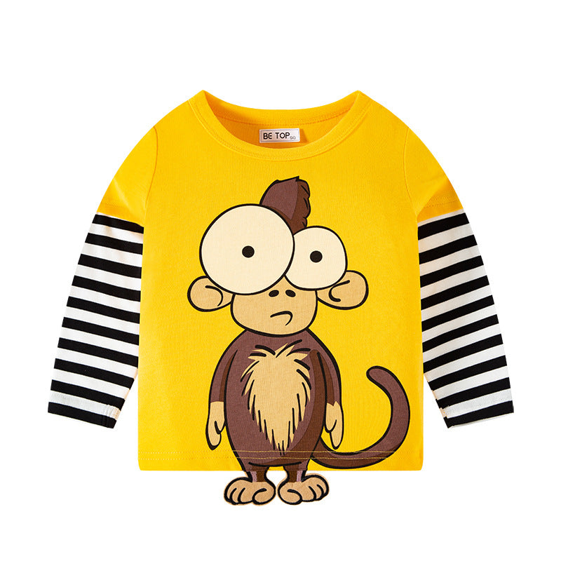 2024 Spring and Autumn New Children's Striped Sleeve Three-Dimensional Cartoon T-shirt Pure Cotton Baby Top Boys Bottoming Shirt