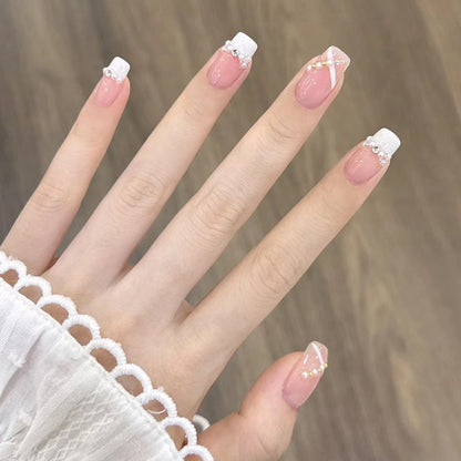 Wearable nail art nail tips wholesale Xiaohongshu hot sale white French pearl rhinestone nail stickers detachable nail tips