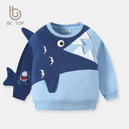 2024 Autumn and Winter New Boys Sweatshirt Shark Children Baby Clothing Plus Velvet Warm Pullover One Piece Delivery