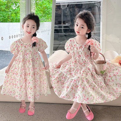 Girls Summer Cotton Floral Dress French Puff Sleeve Rose Loose Fat Cotton Doll Style Oil Painting Style