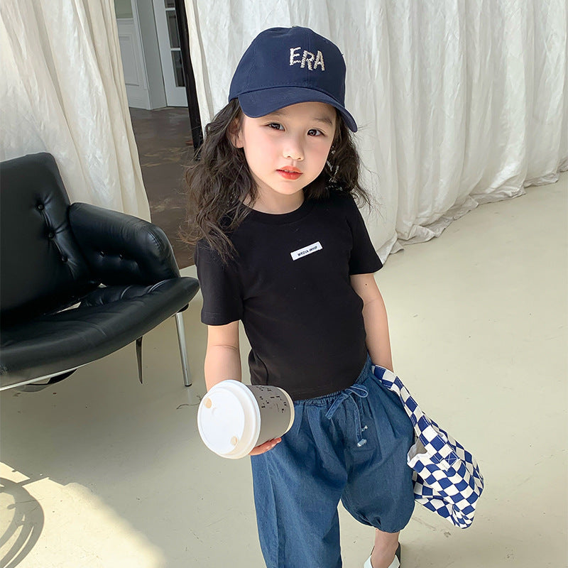 Korean children's clothing 2024 summer new children's letter label short tight top girl casual short-sleeved T-shirt