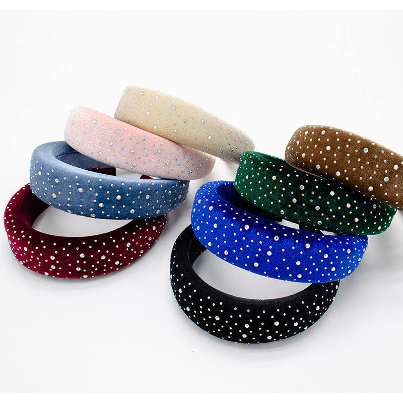 New French headband for women European and American retro diamond-studded sponge flat head buckle solid color fabric wide-brimmed headband hair cave for women