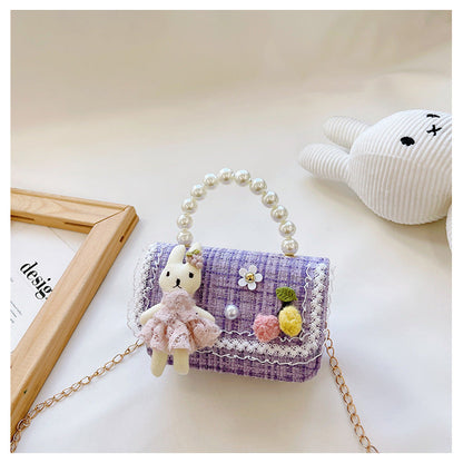 Children's pearl handbag 2024 new cotton and linen small square bag fashionable and cute girls decorative bag messenger bag 