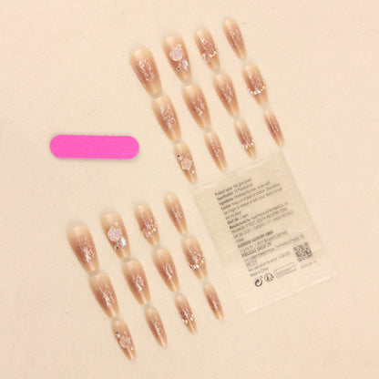 Hot selling wearable nails, medium and long style, ice-transparent camellia false nail patches, pure desire style, aurora diamond nail art nail tips wholesale