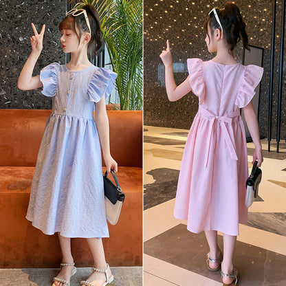 Children's 2024 new summer cotton pastoral style dress plaid fragrance style flying sleeves flying edge net celebrity princess long skirt