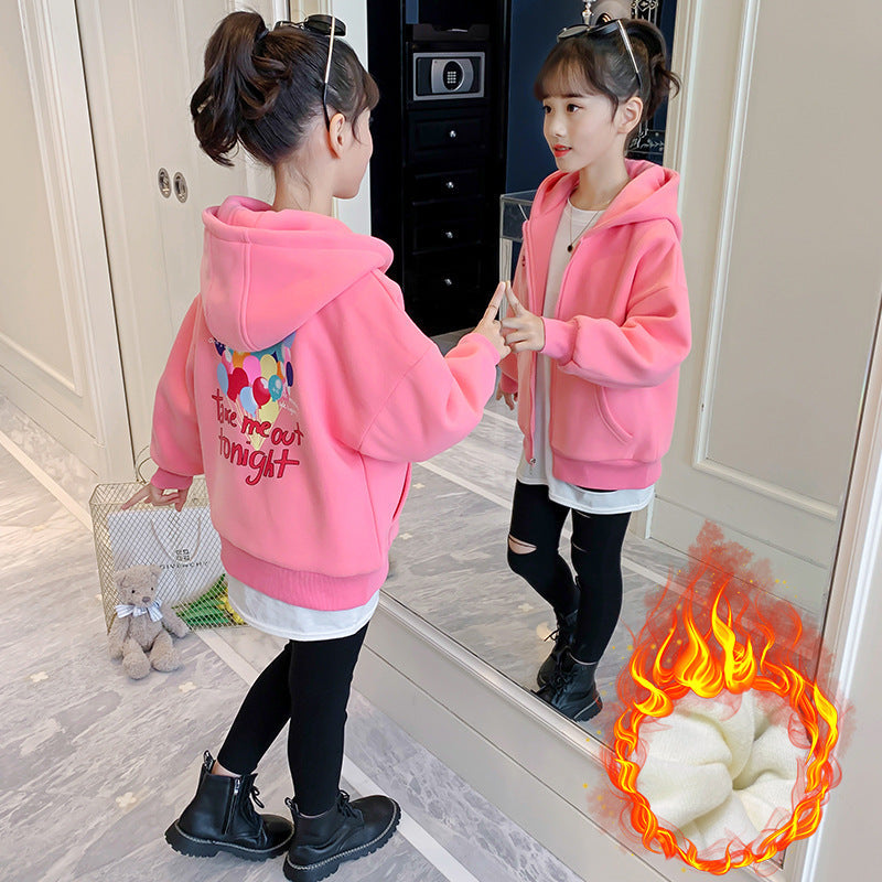 Girls 2024 winter spring and autumn new style big sweater cardigan hooded plus velvet thick warm primary school students kindergarten coat