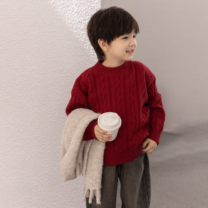 Amo Baby Children's 2023 Winter New Year's Eve Embroidered Sweater for Boys and Girls Thick Cashmere Cable Knit Sweater