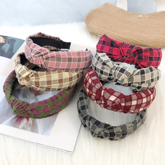 European and American Christmas headband for women Korean style cute sweet temperament knotted head buckle fabric wide edge plaid headband hair cave