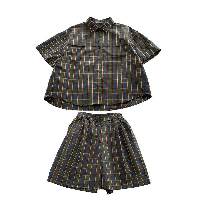 Children's summer clothes boys shirt suit little boy plaid shirt casual two-piece suit 2024 summer new clothes