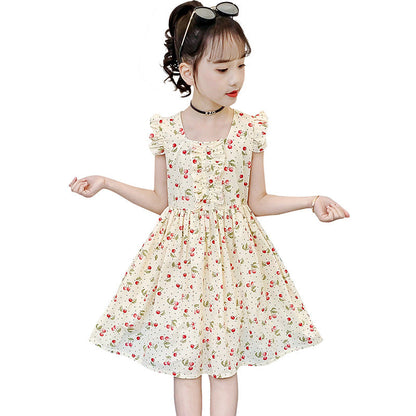 Girls dress summer 2024 new children's clothing children's short-sleeved cotton floral dress girl's stylish princess dress trend