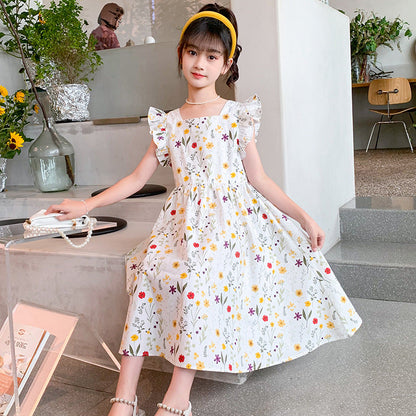 Girls summer cotton dress floral flying sleeves Korean style sweet small fresh princess dress pastoral style primary school students dress