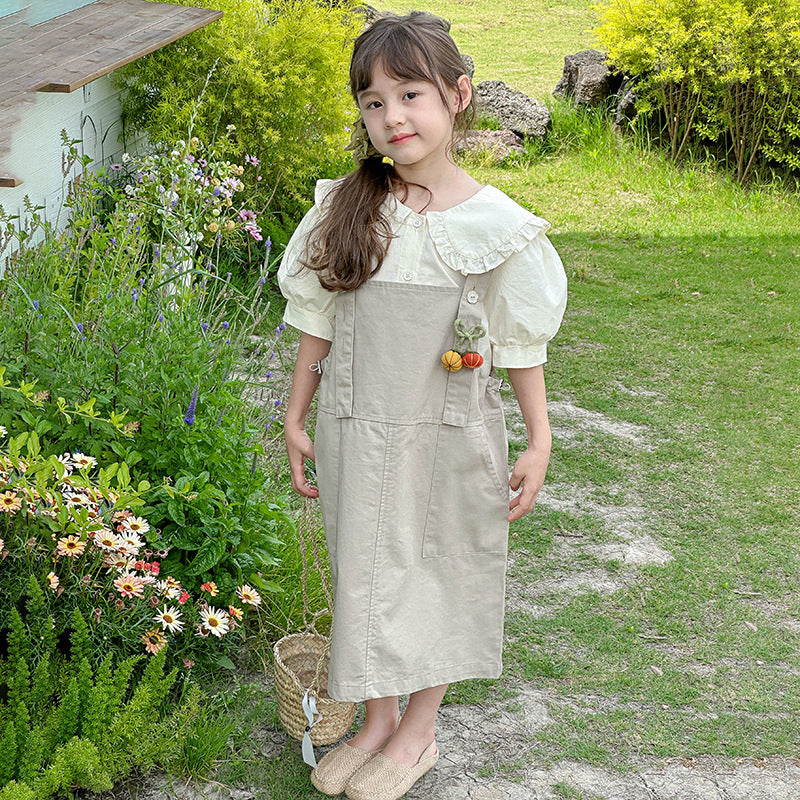 Girls summer cotton suit overalls skirt loose Korean style babydoll shirt short sleeve two-piece suit small children's big children's dress