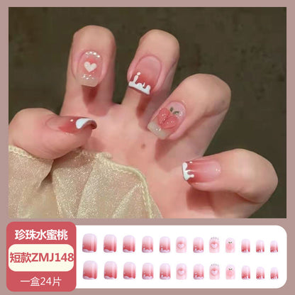 Wearable nail tips wholesale medium and long ice transparent oolong gradient peach nail art finished nail stickers false nails